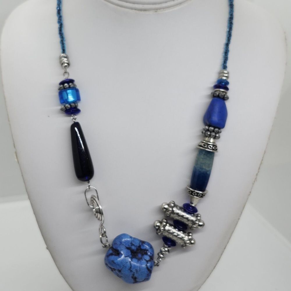 Blue And Silver Tone Glass‎ Bead Necklace